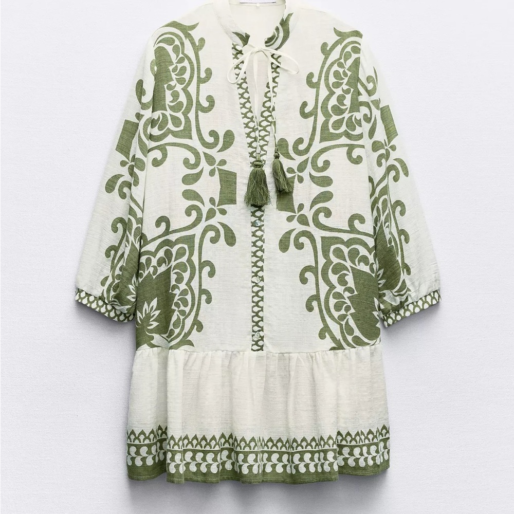 ZARA Rustic Boho Green and White Mini Dress with Tassels